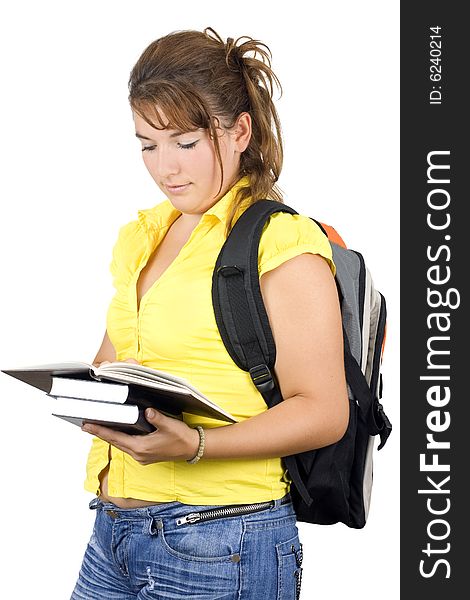 Girl with books Isolated on white background