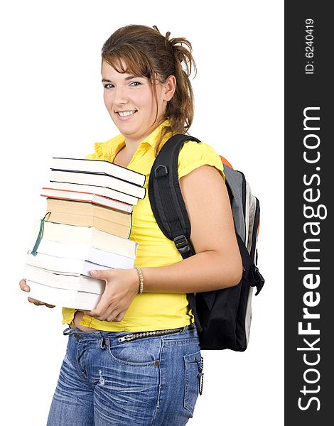 Girl with books Isolated on white background