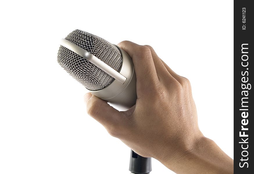 A microphone on mic-stand with white background. A microphone on mic-stand with white background