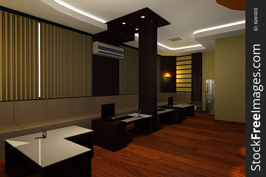 Room with interior design with wood, wallpaper, parquette, and furniture which can be used for karaoke with family.