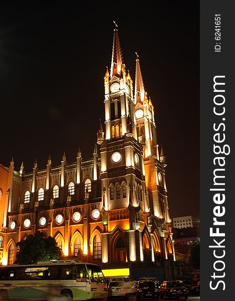 China, Ningbo city center - Tian Yi Guang Chang, Cathedral of the Assumption by night. China, Ningbo city center - Tian Yi Guang Chang, Cathedral of the Assumption by night.