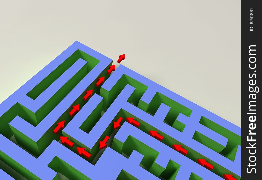 3D labyrinth with red arrow path