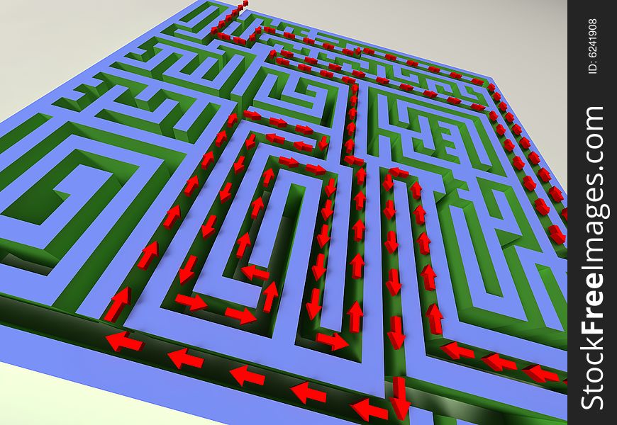 3D labyrinth with red arrow