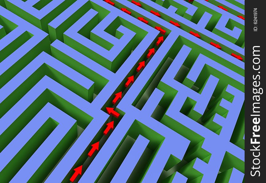3D labyrinth with red arrow path