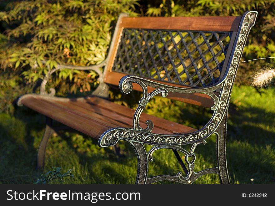 Wooden and iron bench in the garden illuminated by the evening sun.