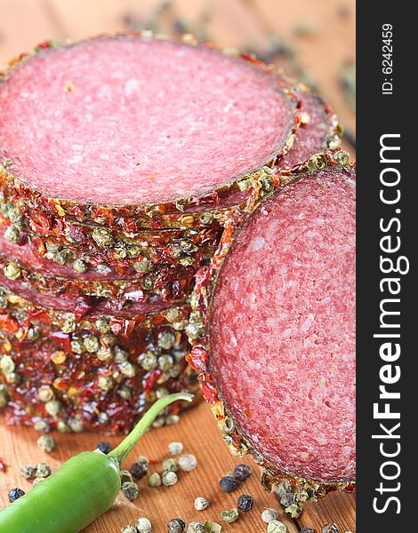 Delicious salami with spice and pepper grains