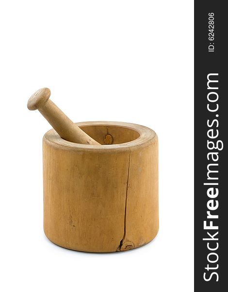 Old Wooden Mortar and Pestle Isolated on White