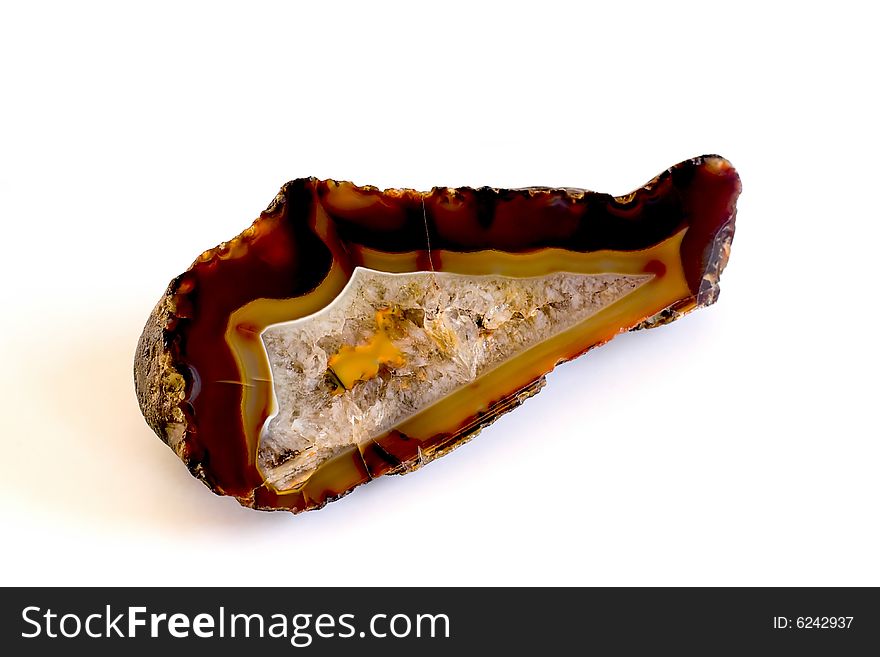 Agate with rock crystal shoted in white background