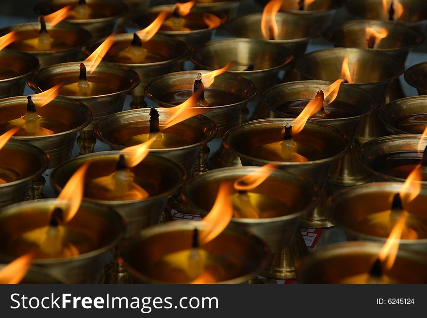 Many Burning Candles In Biddhist Church