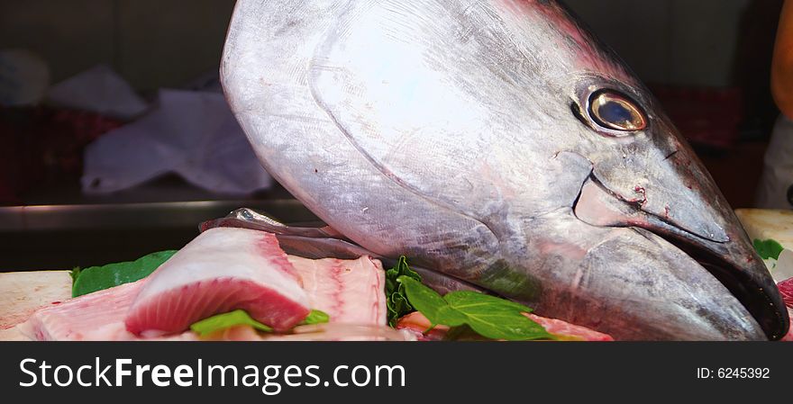 Tuna in market fish in barcelona
