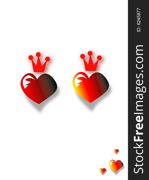 Two red hearts with crowns on a white background. Two red hearts with crowns on a white background