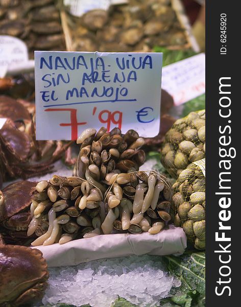 Price of alive fish in the Boqueria in Barcelona. Price of alive fish in the Boqueria in Barcelona