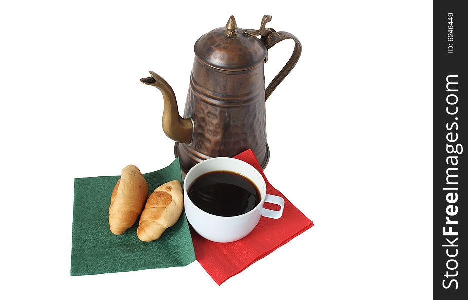 Still-life with copper coffee-pot, cup of black coffee and two croissants. Still-life with copper coffee-pot, cup of black coffee and two croissants