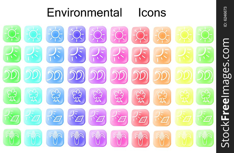 Vector illustration with environmental icons on a rainbow of buttons.