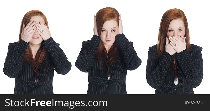 Isolated studio shot of a businesswoman in the See No Evil, Hear No Evil, Speak No Evil pose. Isolated studio shot of a businesswoman in the See No Evil, Hear No Evil, Speak No Evil pose.