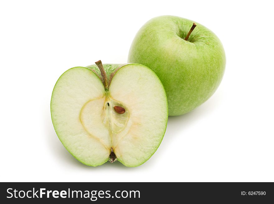 Slice fresh green apple on white background