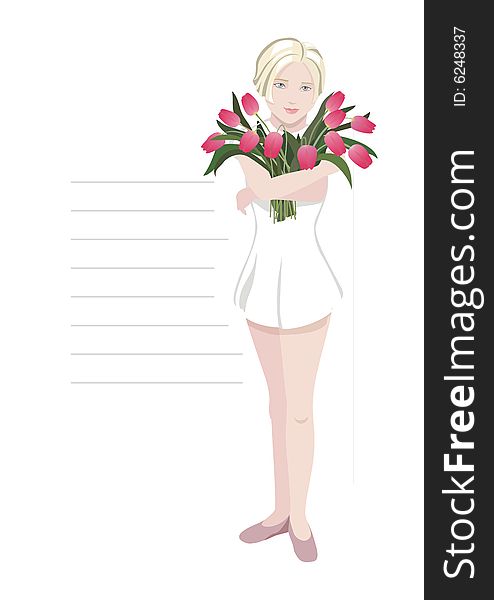 Vector illustration of girl with bunch of flowers