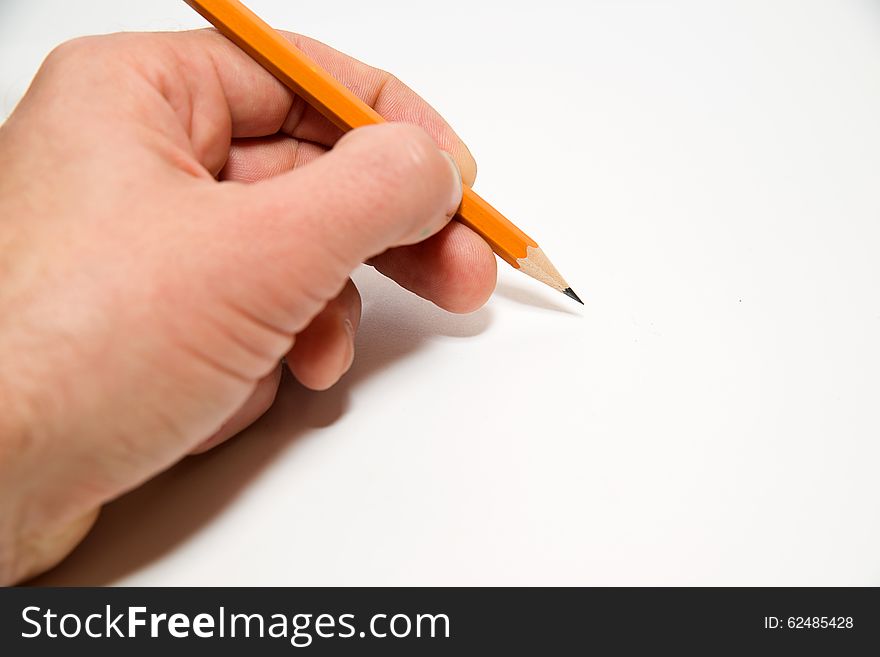 Men's left hand holding a pencil on over white