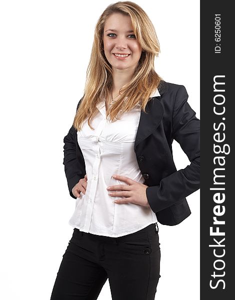 Beautiful successful blonde businesswoman wearing office clothes. Isolated on white background. Beautiful successful blonde businesswoman wearing office clothes. Isolated on white background
