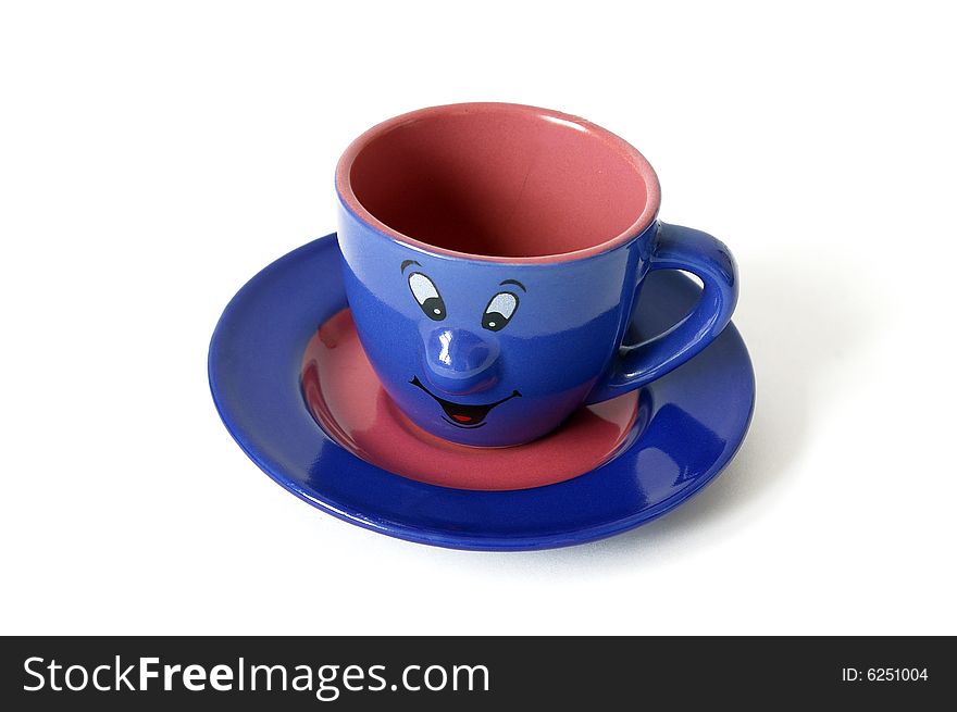 Blue ceramic cup of coffee isolated on a white background