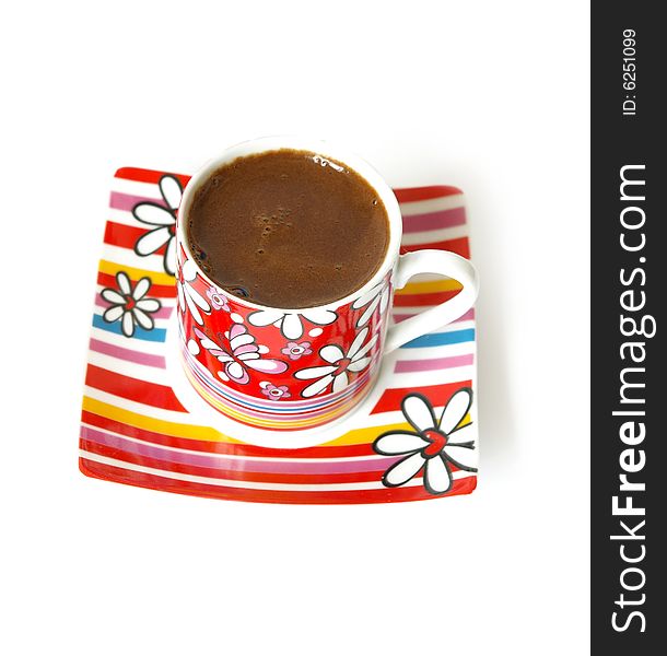 Bright cup of black coffee isolated on the white