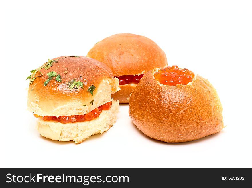 Sandwiches with red caviar isolated on white for your design