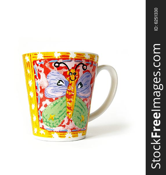 Bright cup with the butterfly on a white background