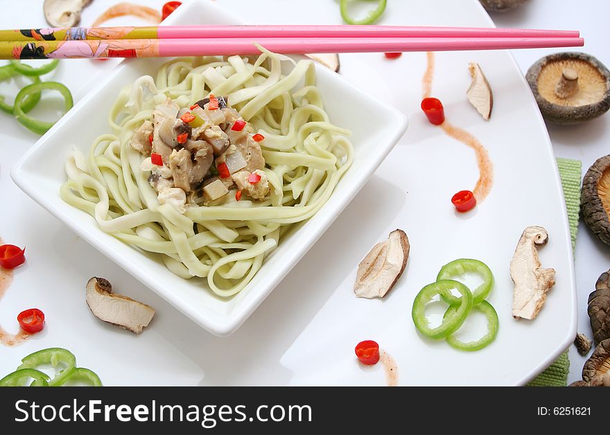 Chinese food of noodles with asian mushrooms. Chinese food of noodles with asian mushrooms