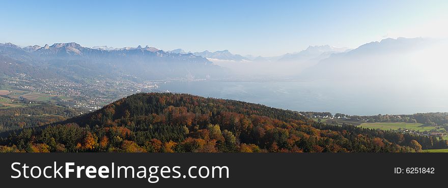 Panoramic Swiss landscape in the Alps, in autumn. Panoramic Swiss landscape in the Alps, in autumn.