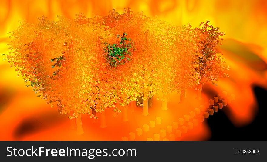 An illustration of a forest engulfed in flames. An illustration of a forest engulfed in flames.