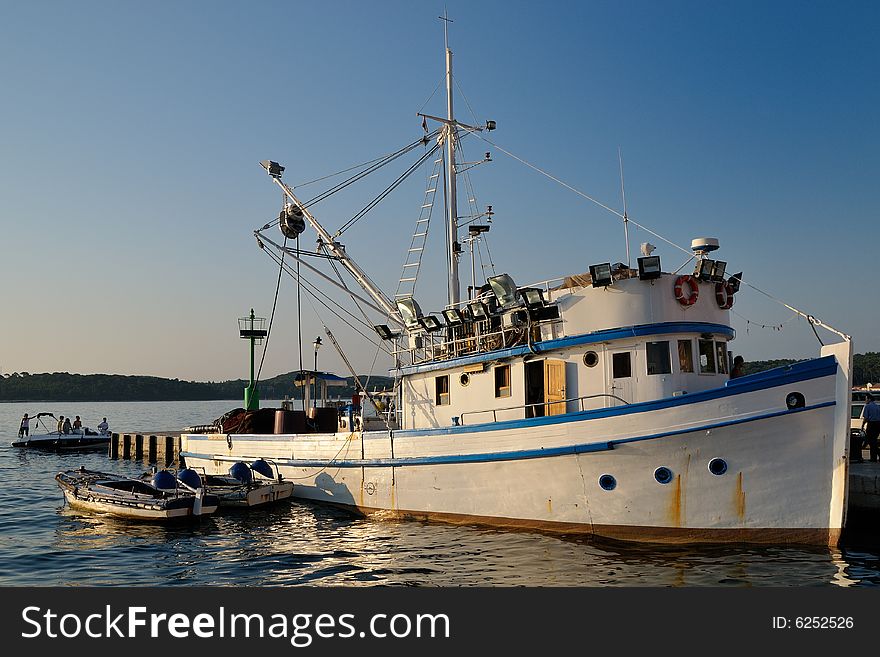 Fish boat in port of Rovinj on Istria peninsula, Croatia, Europe.