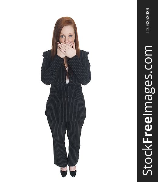 Isolated studio shot of a businesswoman in the Speak No Evil pose. Isolated studio shot of a businesswoman in the Speak No Evil pose.