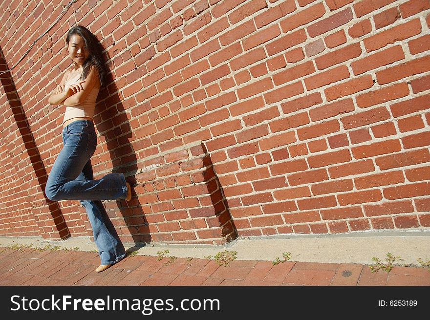 Fashionable young woman against red brick wall. Fashionable young woman against red brick wall.