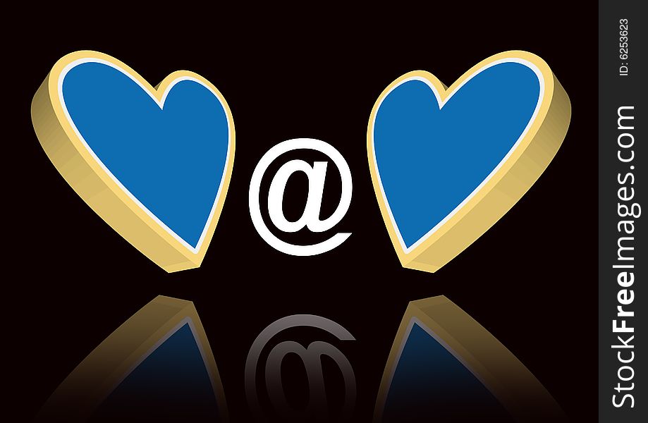 Two blue hearts in a black background with @ in between them. Two blue hearts in a black background with @ in between them
