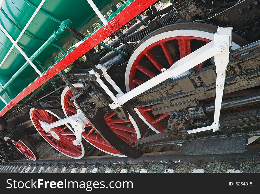 Red wheels of steam locomotive. Red wheels of steam locomotive