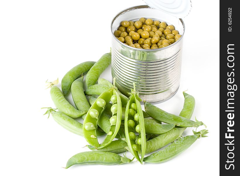 Fresh pods of peas on a white background
