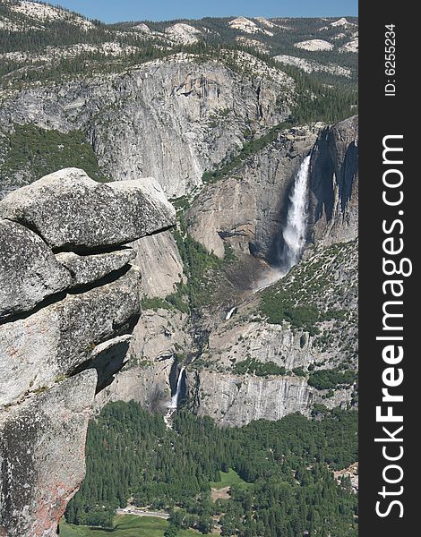 View from Glacier Point to Yosemite valley and Yosemite Fall. Yosemite national park. California. USA