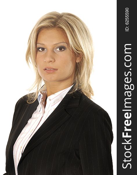 Self confident young woman posing, wearing a black jacket.Studio shot on white. Self confident young woman posing, wearing a black jacket.Studio shot on white.