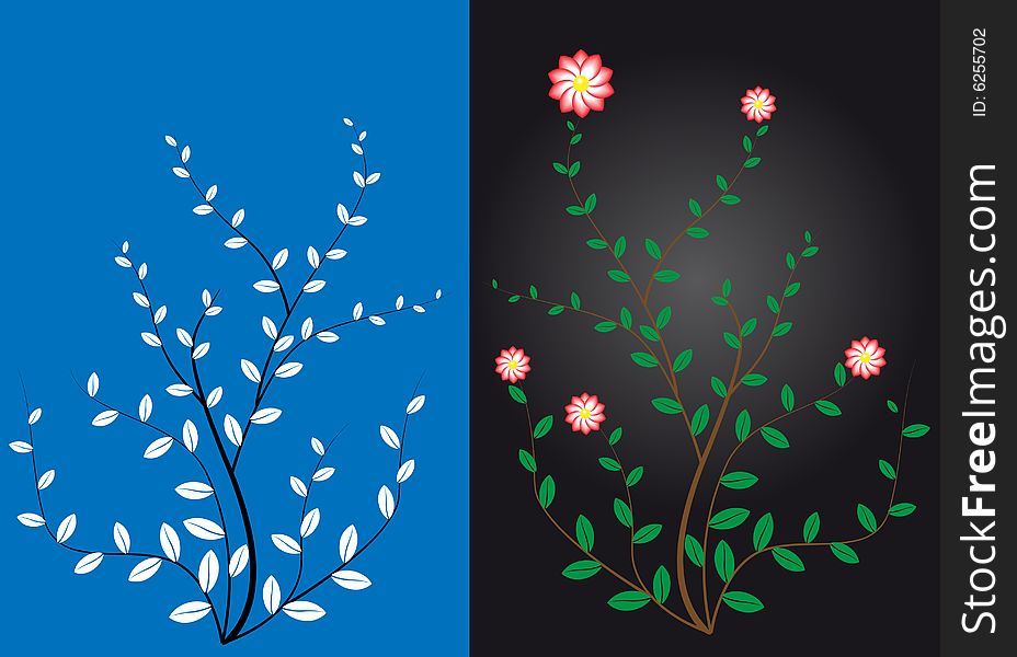 Trees with foliage and flowers. Two different trees on color background