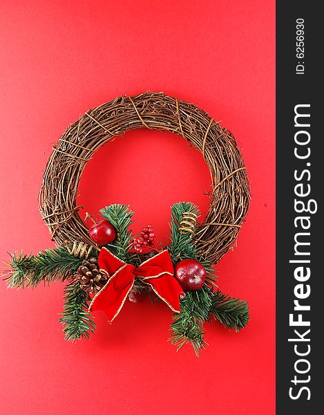 Decorations for the Christmas, brightly lit on red background. Decorations for the Christmas, brightly lit on red background