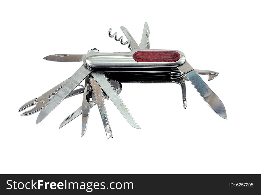 Penknife with the big tooling. It is isolated on a white background. Penknife with the big tooling. It is isolated on a white background