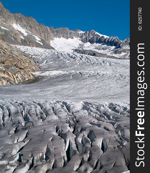 View of ice and edge of Rhone glacier, Alps Switzerland
