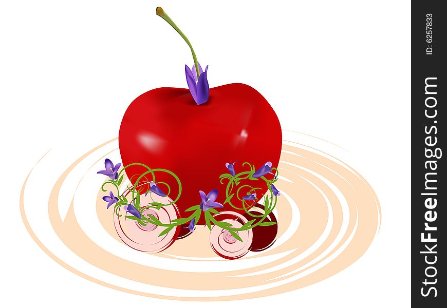 The carriage from a sweet cherry and flowers hand-bells decorate the carriage below. Vector illustration. The carriage from a sweet cherry and flowers hand-bells decorate the carriage below. Vector illustration