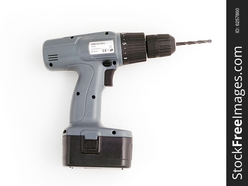 Battery powered hand drill with white background. Battery powered hand drill with white background