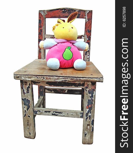 Rabbit Doll and Wooden Stool with white background