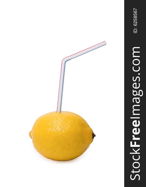 A Lemon fruit with pipe on white background