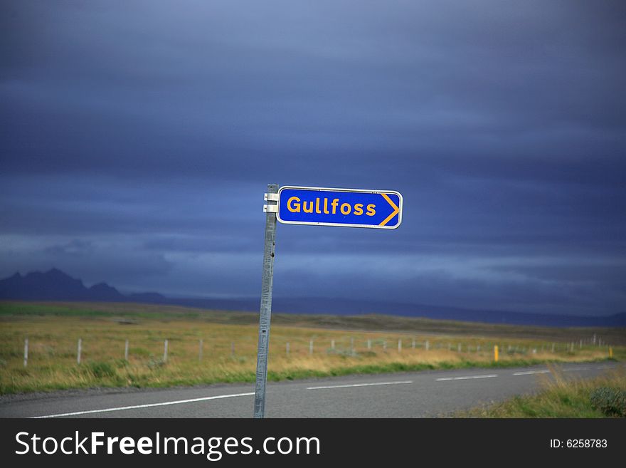 Roadside signpost for Gullfoss waterfall Iceland. Roadside signpost for Gullfoss waterfall Iceland