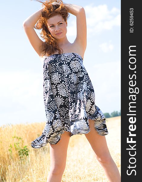 Beautiful Caucasian Model At Summer Background