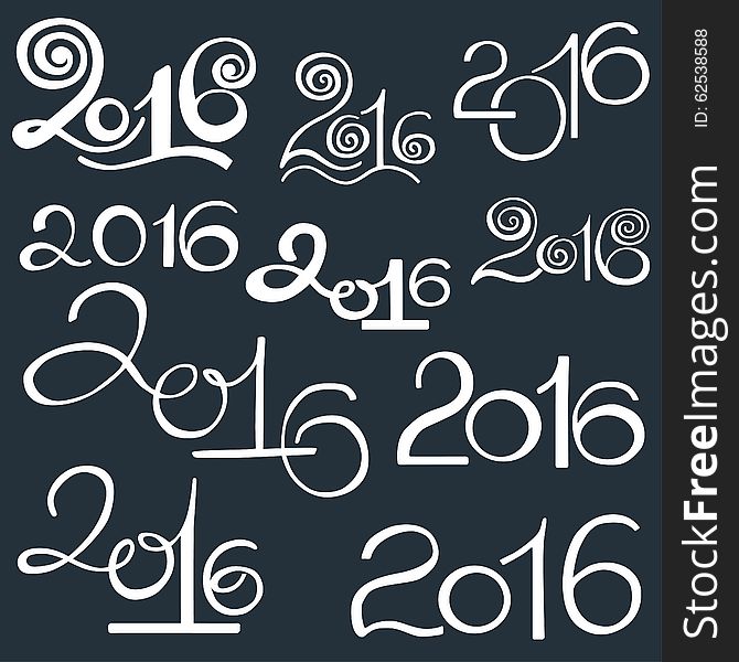 Happy New 2016 Year and Merry Christmas. Calligraphic hand drawn character lettering sign set 10 in 1