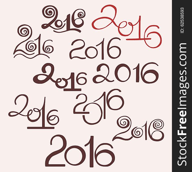 Happy New 2016 Year and Merry Christmas. Calligraphic hand drawn character lettering sign set 10 in 1